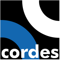 A black and blue logo for cordes with a white circle in the middle