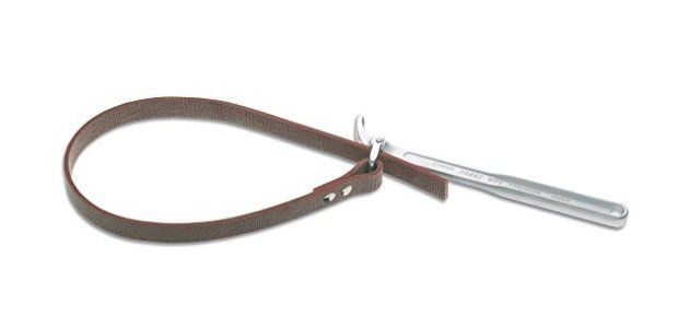A brown leather strap with a metal handle on a white background.