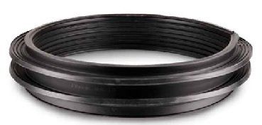 A close up of a black rubber ring on a white background.