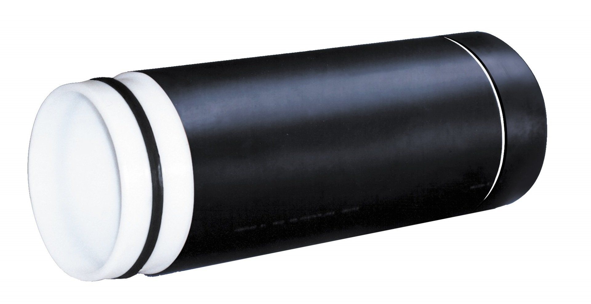A black tube with a white stripe on the side