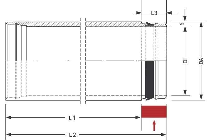 A black and white drawing of a pipe with measurements.