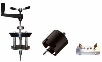 A couple of tools on a white background one of which is a drill