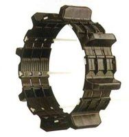 A close up of a black bracelet on a white background.
