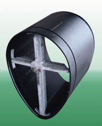 A black pipe with a metal cross in the middle on a green background.