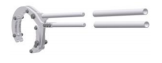 A close up of a metal object on a white background.