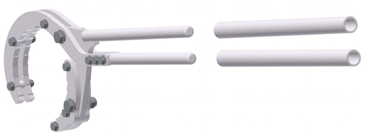 A close up of a metal object with two tubes attached to it on a white background.