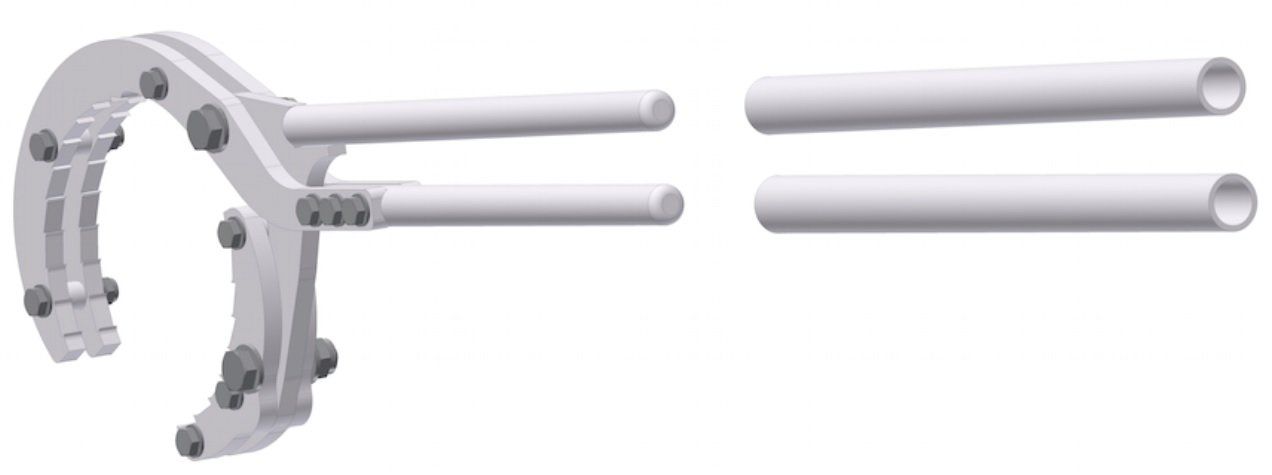 A close up of a metal object with two tubes attached to it on a white background.