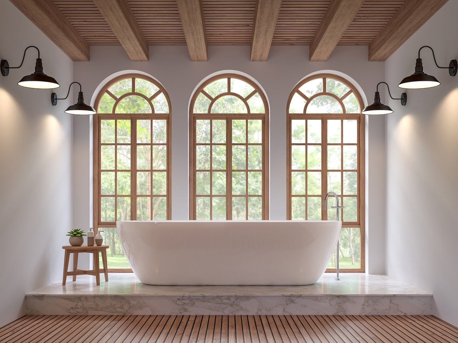 ampie finestre ad arco con inglesina in un bagno