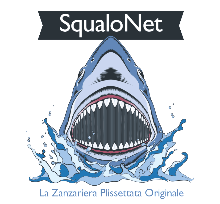 Squalo con fauci aperte, schizzi d'acqua. Logo