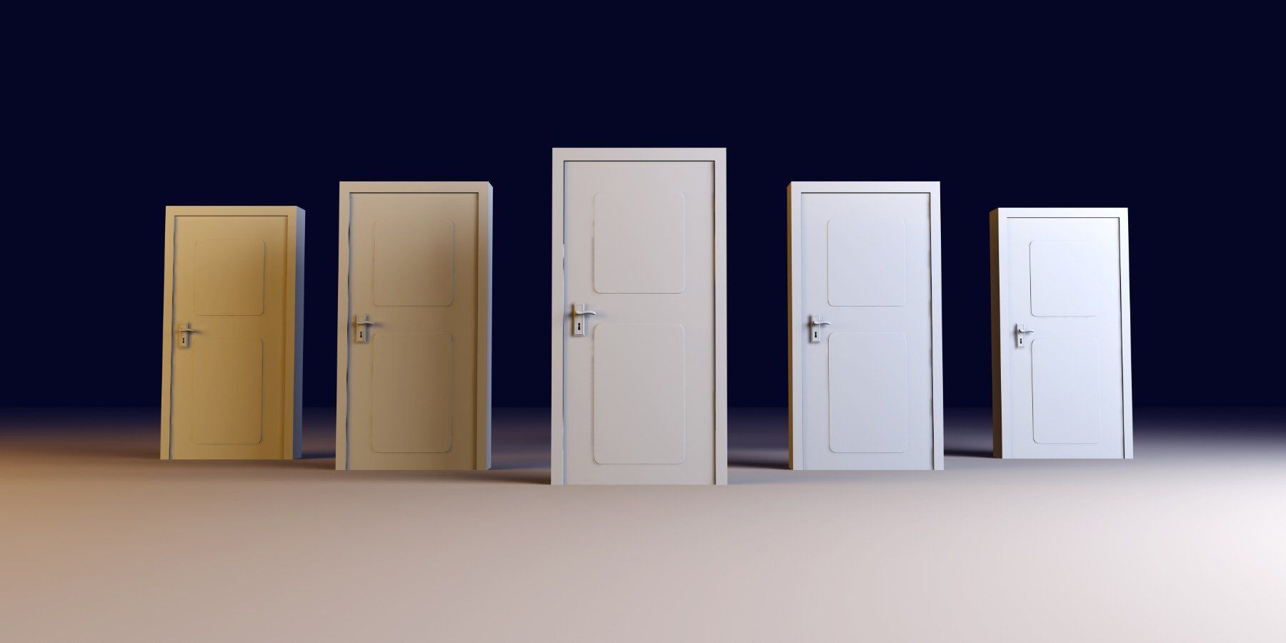 Cinque porte chiuse in fila, ciascuna di una diversa tonalità di bianco e beige, su uno sfondo blu scuro.