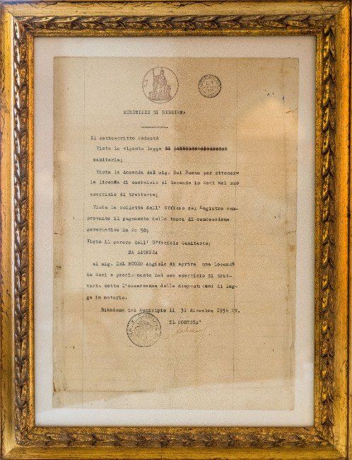 Documento incorniciato ristorante 1936