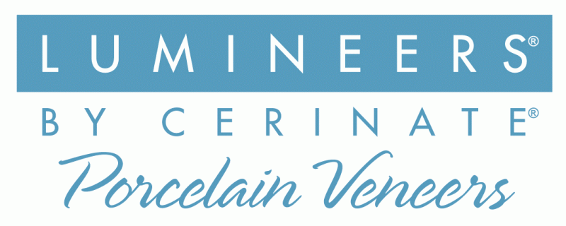 LUMINEERS by Cerinate porcelain veneers logo in light blue and white.