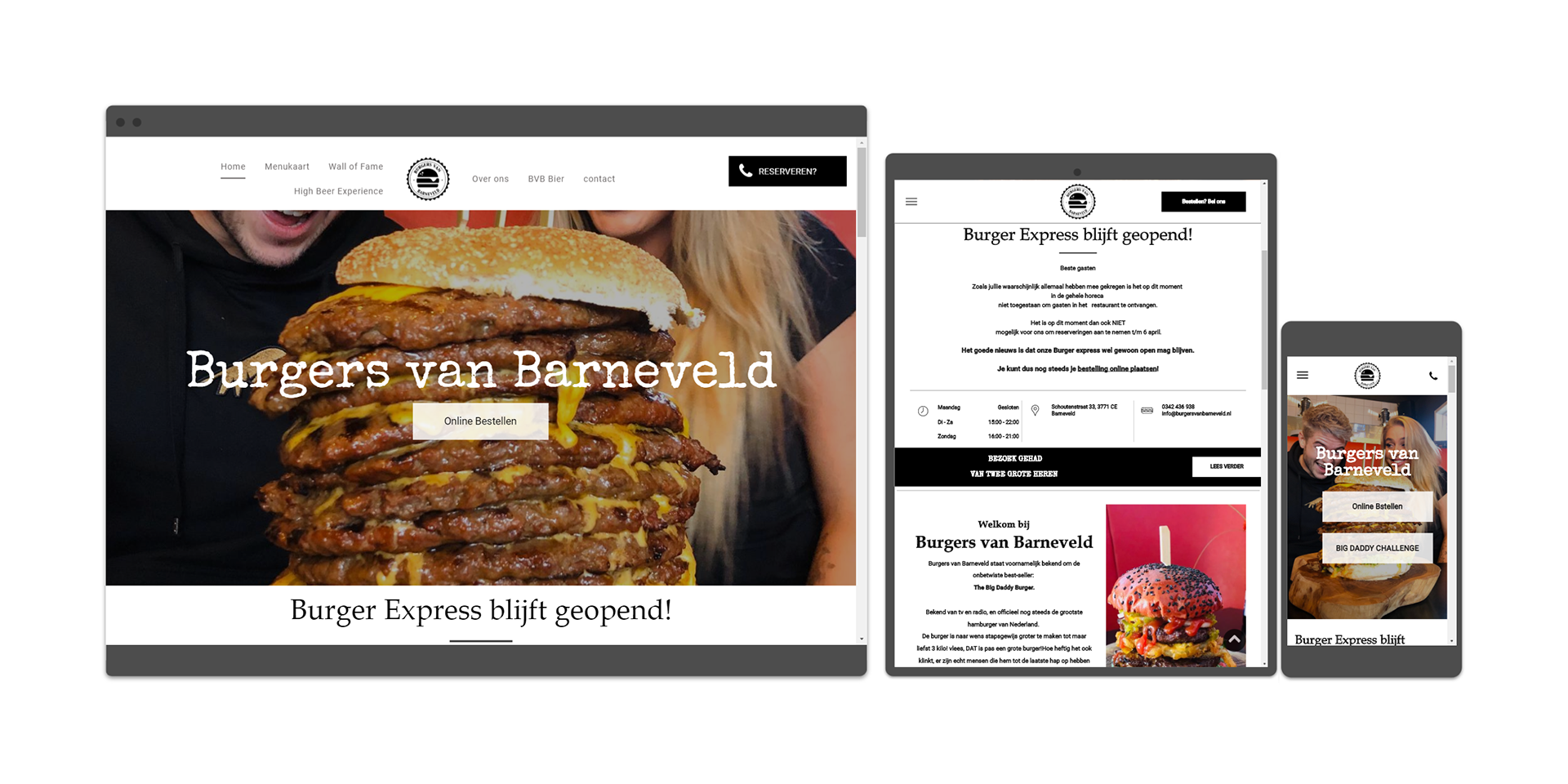 Een hamburger wordt getoond op een computer, tablet en mobiele telefoon.
