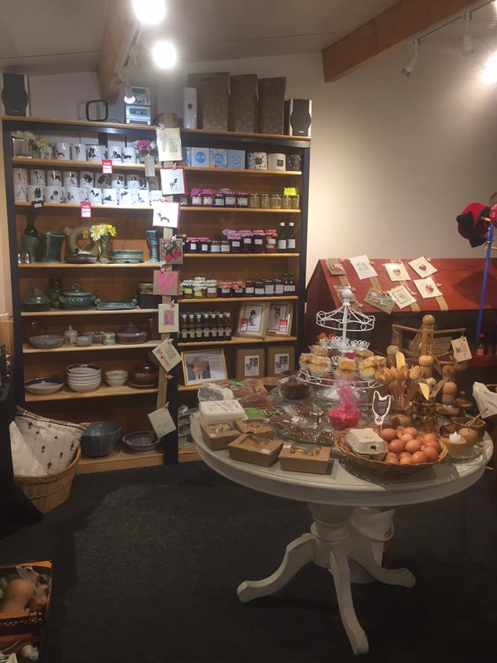 local produce on shelves and table