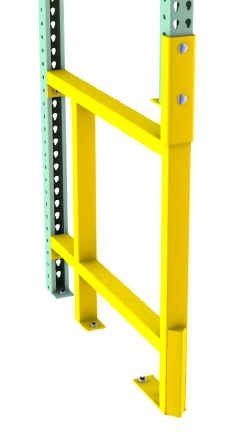 A yellow metal railing is attached to a metal shelf.