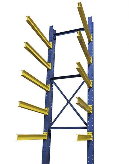 A blue and yellow cantilever rack with a white background