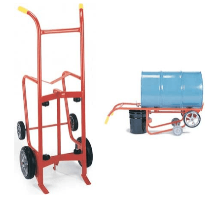 A red hand truck with a blue barrel on it