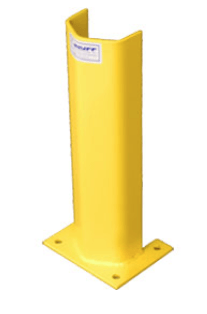 A yellow metal pole with a white label on it