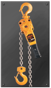 A yellow chain hoist with a hook attached to it