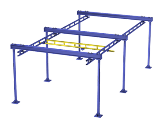 A blue and yellow structure with a yellow bar on top of it.