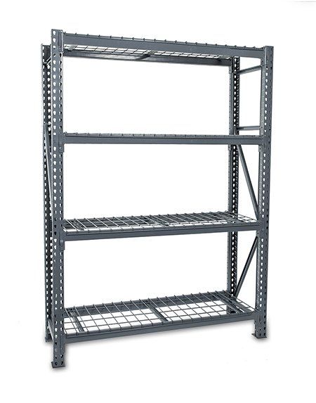 A gray metal rack with four shelves on a white background.