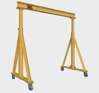 A yellow gantry crane with wheels on a white background.