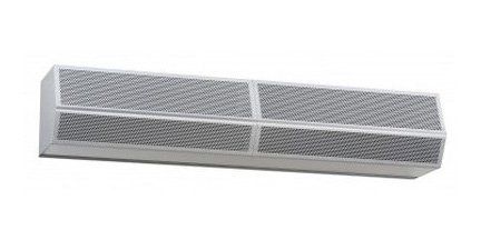 A white air curtain is hanging on a white wall.