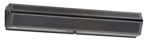 A black air curtain is sitting on a white surface.