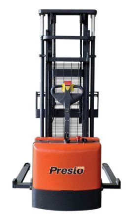 An orange forklift with the word presto on it