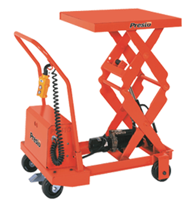 A hydraulic scissor lift is on a cart with wheels