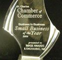 A small business of the year award is sitting on a table.