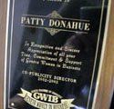 A close up of a plaque for patty donahue.