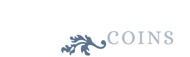 A logo for a company called coins with a lion on it.