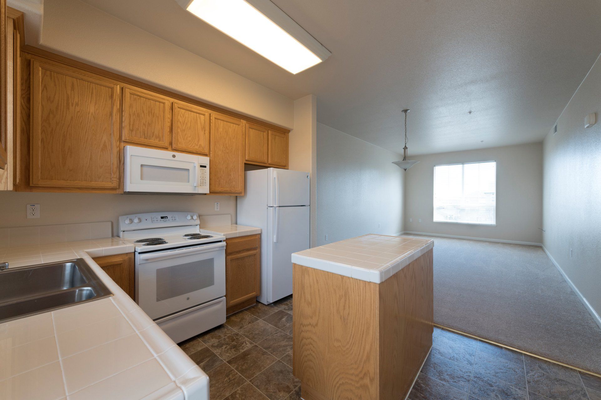 A kitchen with a stove, a refrigerator and a sink