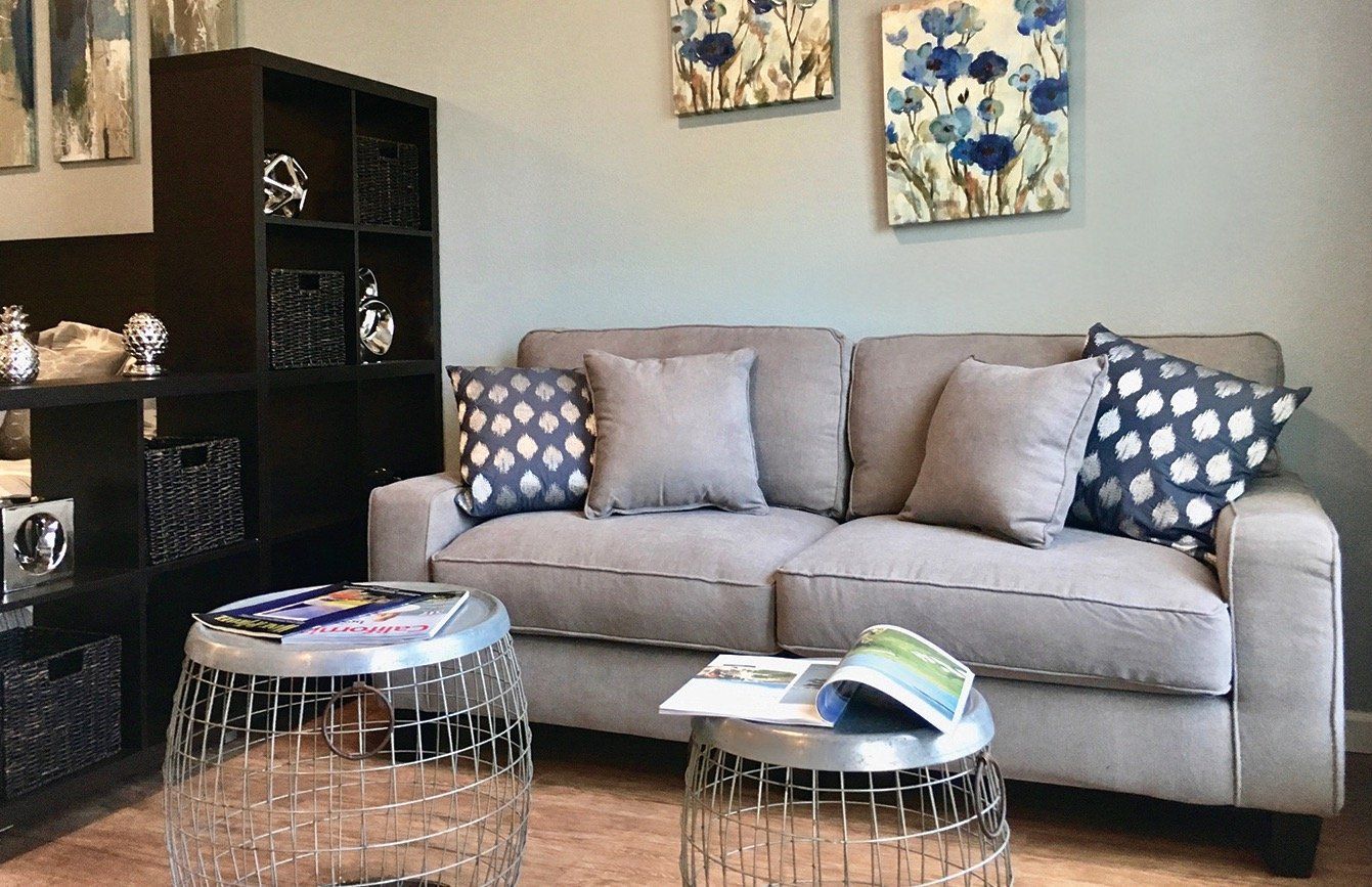 A living room with a couch and two coffee tables