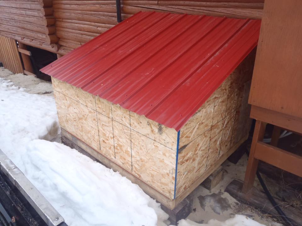 A dog house with a red roof is sitting in the snow.