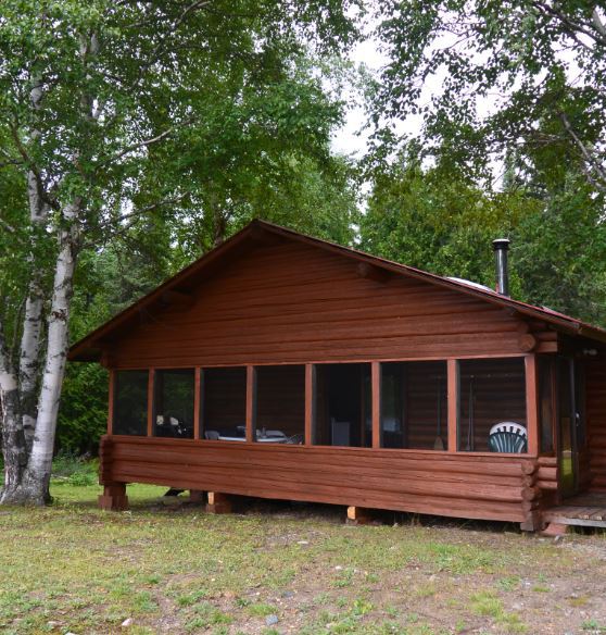 A wooden cabin with a screened in porch and trees in the background