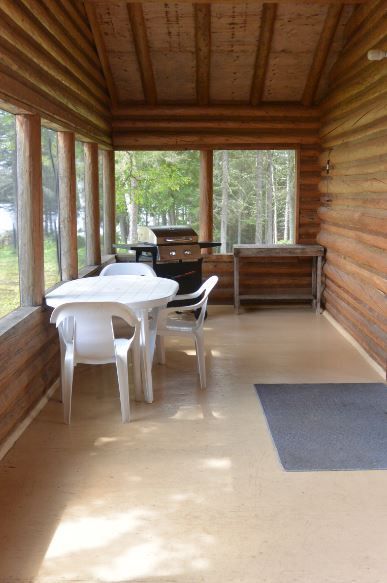A porch with a table and chairs and a grill