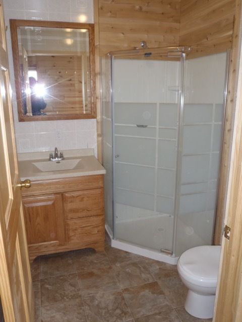 A bathroom with a toilet a sink and a shower