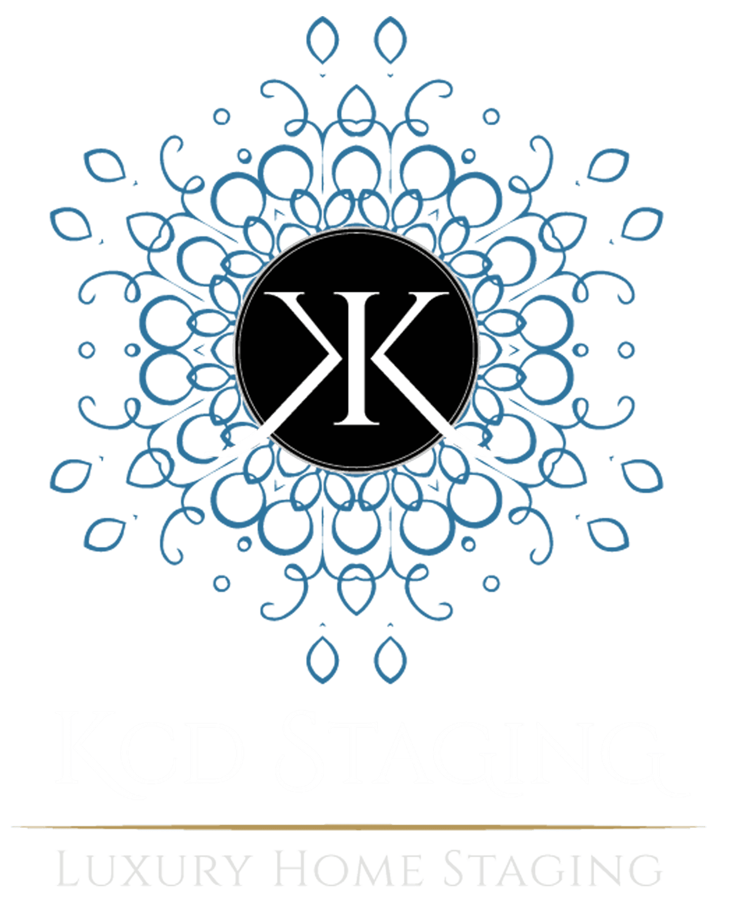 Blue floral logo with black circle and white monogram, labeled “Luxury Home Staging”