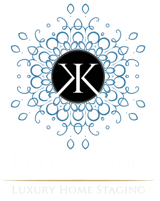 Blue floral logo with black circle and white monogram, labeled “Luxury Home Staging”