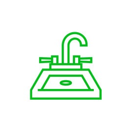 A green line icon of a sink with a faucet.