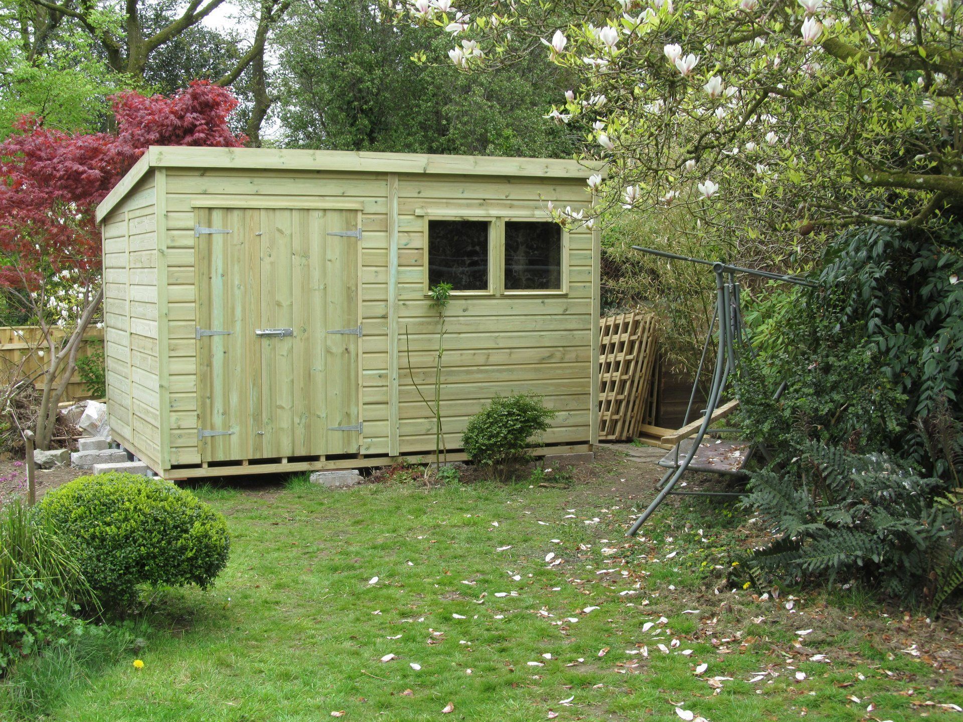 Large Pent Workshop shed with double door and two windows to the side