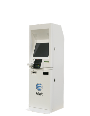 Large custom built payment kiosk in white with at&t's logo