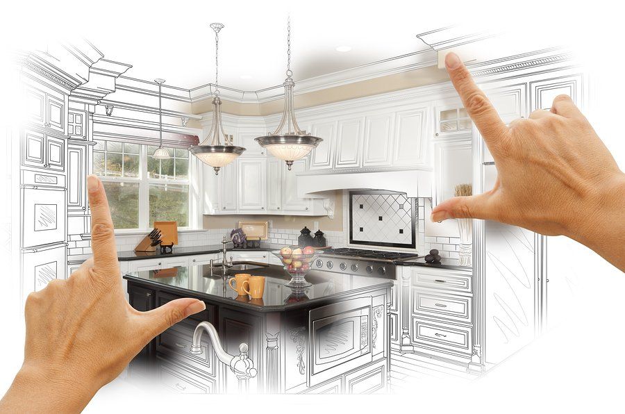 An illustration of a person is pointing at a drawing of a kitchen.