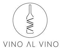 Vino al Vino logo  with a wine bottle silhouette within a circle.