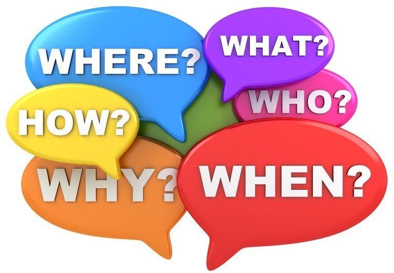 Bulles de dialogue colorées avec les mots « OÙ ? », « QUOI ? », « QUI ? », « QUAND ? », « POURQUOI ? » et « COMMENT ? ».