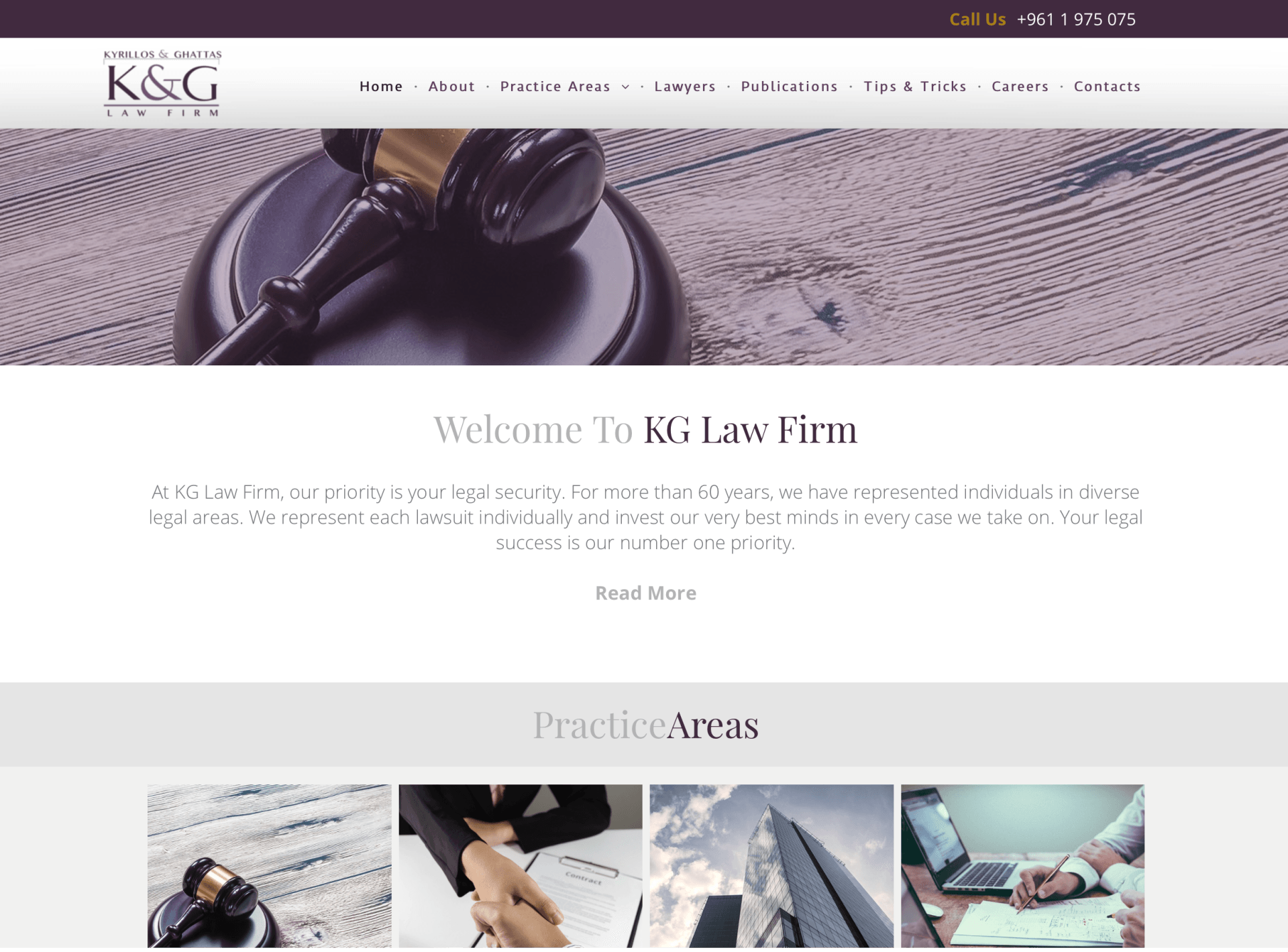 A website for a law firm has a judge 's gavel on the top of the page.