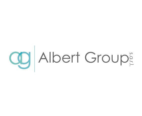 The logo for albert group s.c.l. is a blue and white logo on a white background.