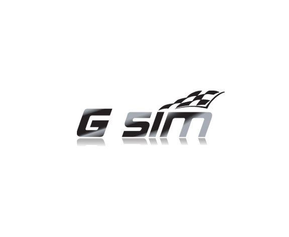 A logo for a company called g sim with a checkered flag on a white background.